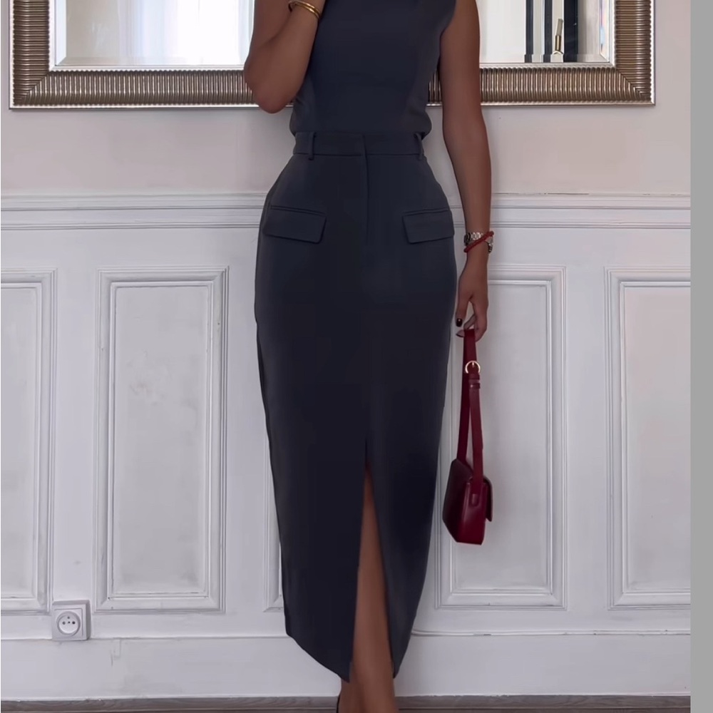 Grey Maxi skirt - split-front solid grey midi skirt